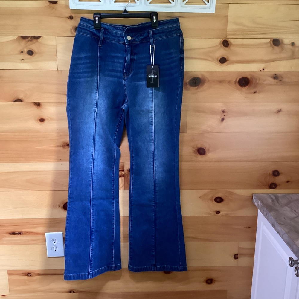 Flamingals Womens Flare Jeans Blue High Rise Front Seam Stretch Denim 2XL NEW